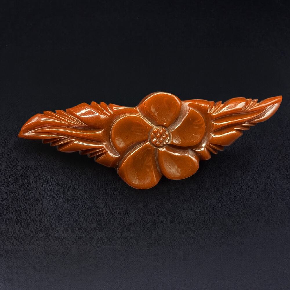 Vintage Carved Flower Bakelite Brooch Red Brown MCM Foliage Pin Jewelry